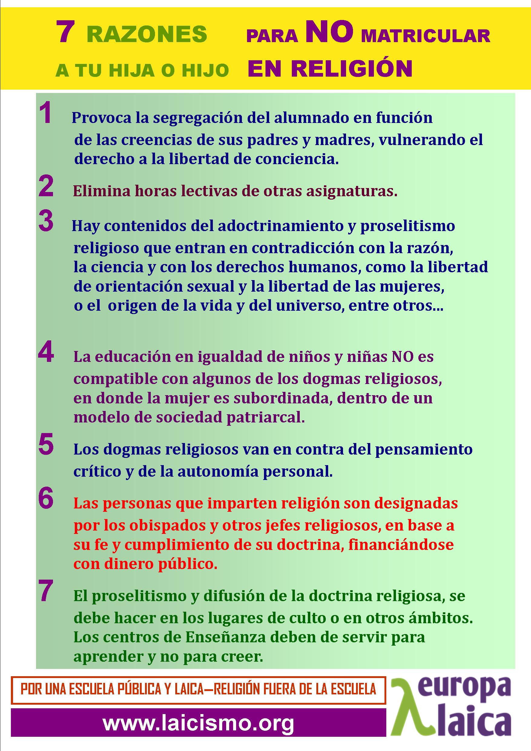 Europa Laica 7 razones para NO matricular a tu hija o hijo en Religión imagen